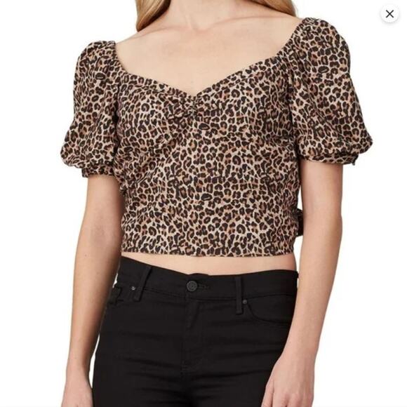 Marissa Webb Diane Leopard Cotton Puff Sleeve Open Back Crop Top Size L - Picture 1 of 9
